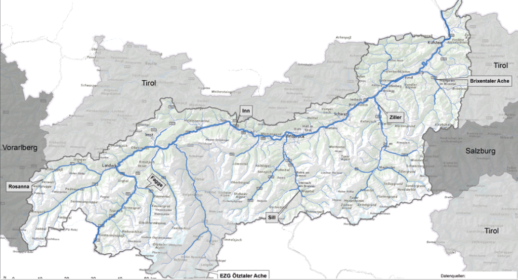 Flussverlauf des Inn und der Donau bis zur Innbacheinmündung Alpen